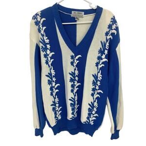 Vtg Izod Club Floral Hand Embroidered Padded Shoulders Cotton V Neck Sweater M